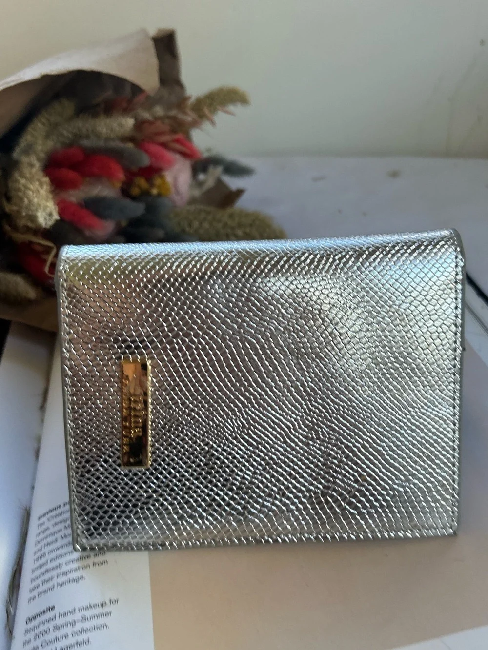 Trina Metallic Silver Textured Passport Wallet with Gold Plaque new